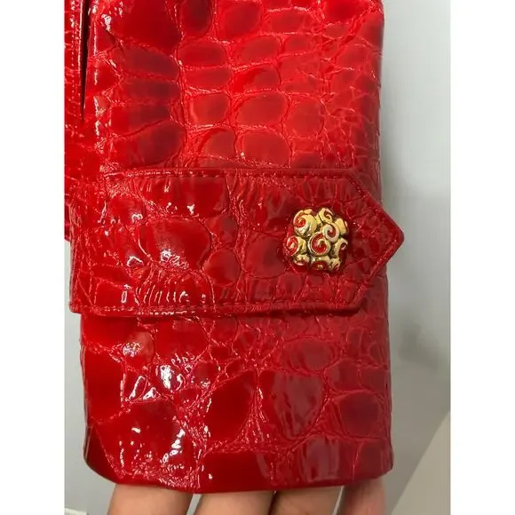 VTG St. John By Marie Gray Red Leather Women's Jacket Crocodile Embossed Sz 14